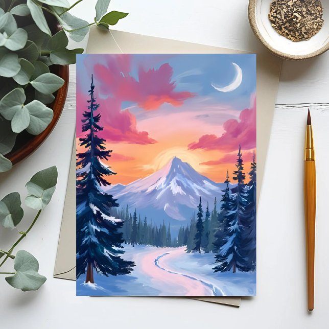 Snowy Summit Sunset | Winter Landscape Painting Postkarte (Von Creator hochgeladen)