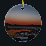 Snowy Sunset at Lake Arrowhead Keramikornament<br><div class="desc">Snowy Sunset at Lake Arrowhead spillway. Photo by Sandy Closs. "sun set ", sunrise, "Lake arrowhead", "lake sunset""beach sunset""sunset in snow", sky,  skies, "mountain lake", "Mountain lakes"</div>