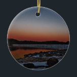 Snowy Sunset at Lake Arrowhead Keramikornament<br><div class="desc">Snowy Sunset at Lake Arrowhead spillway. Photo by Sandy Closs. "sun set ", sunrise, "Lake arrowhead", "lake sunset""beach sunset""sunset in snow", sky, skies, "mountain lake", "Mountain lakes"</div>