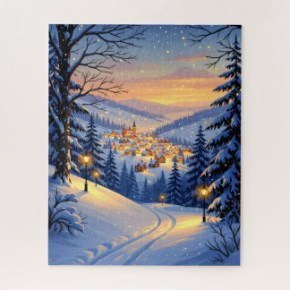 Snowy Village bei Sunset mit Glühbirnen