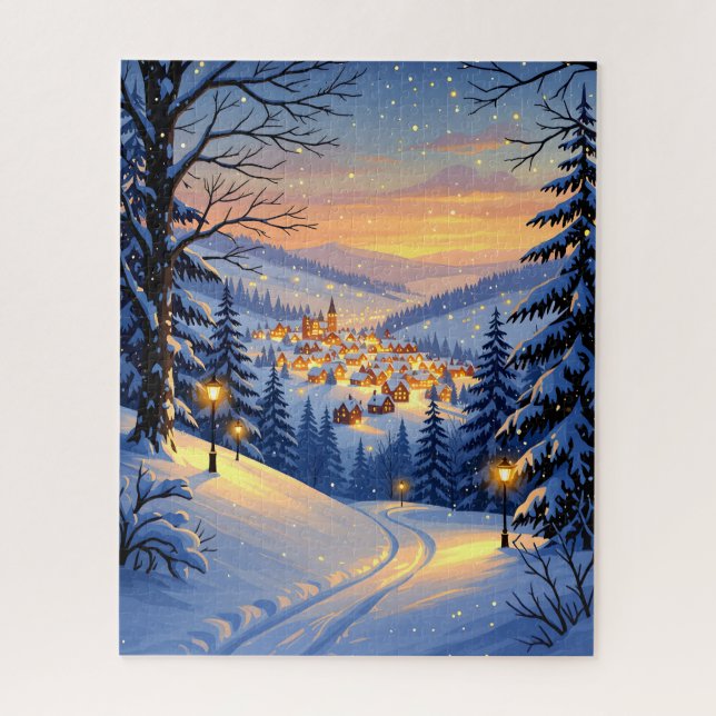 Snowy Village bei Sunset mit Glühbirnen (Vertikal)