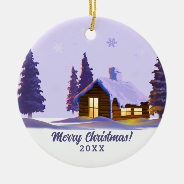Snowy Village Malerei Custom Year Weihnachten Keramik Ornament (Vorne)