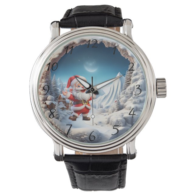 Snowy Village Santa Greetings Armbanduhr (Vorderseite)