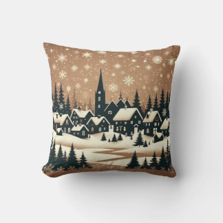 Snowy Village Silhouette Kissen