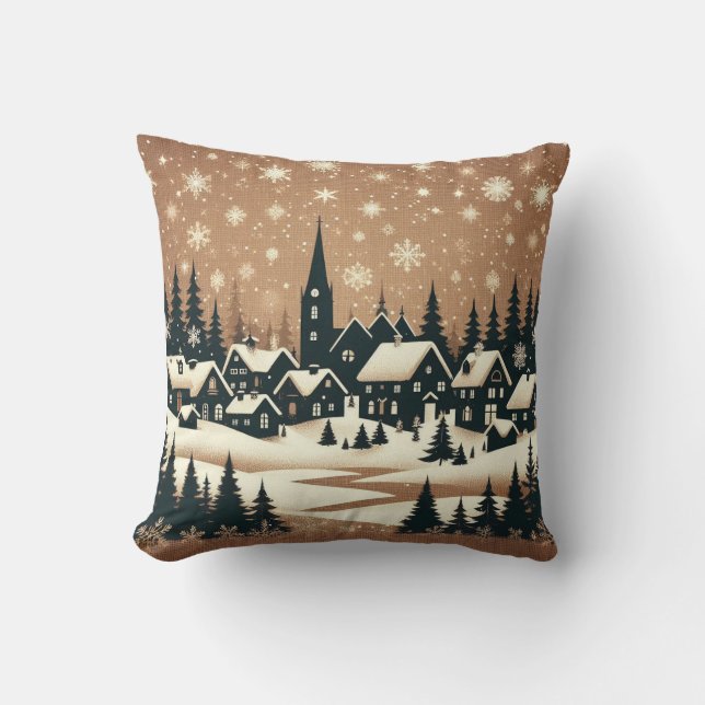 Snowy Village Silhouette Kissen (Vorderseite)