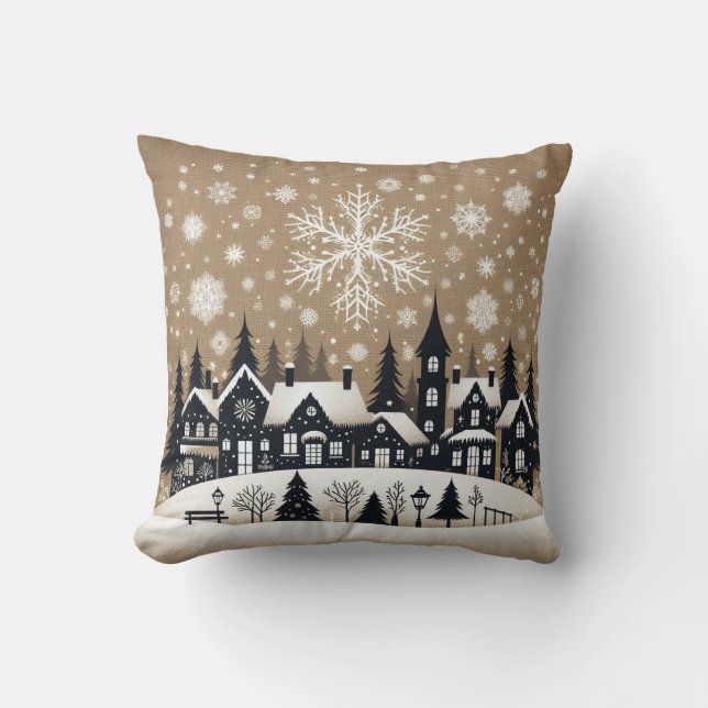 Snowy Village Silhouette Kissen (Vorderseite)