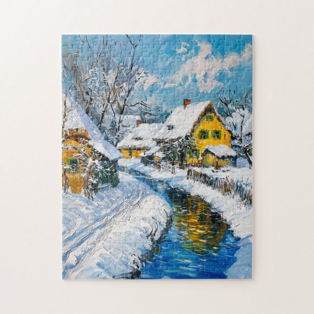 Snowy Village with Stream and Trees Fantasy Painti (Vertikal)