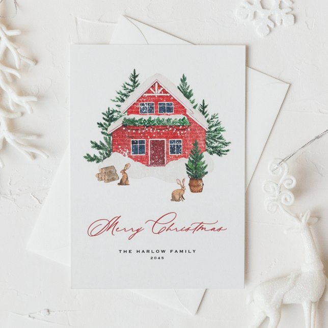 Snowy Watercolor Rote Hütte Woodland Weihnachten (Watercolor Christmas postcard featuring watercolor red cottage with rabbits and evergreen trees.)