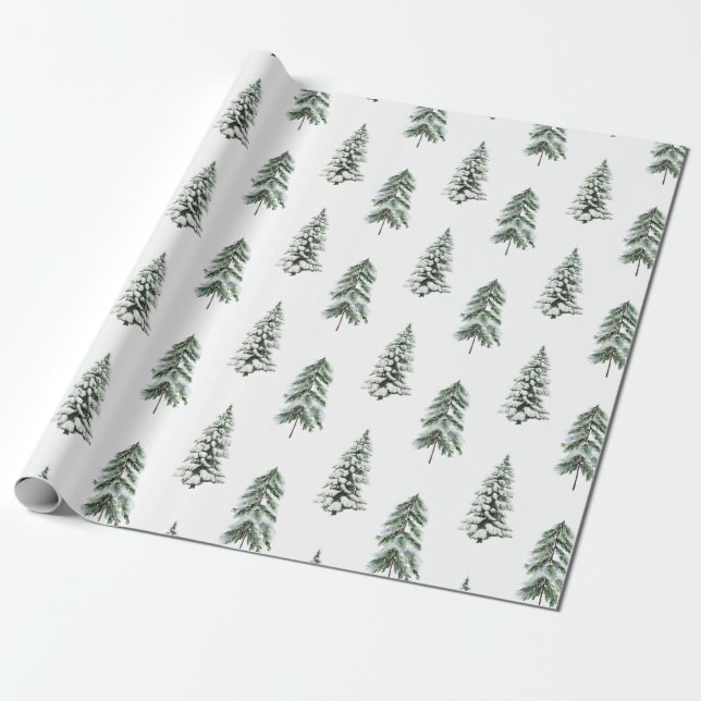 Snowy Watercolor Winterwald Bäume Geschenkpapier (Ungerollt)