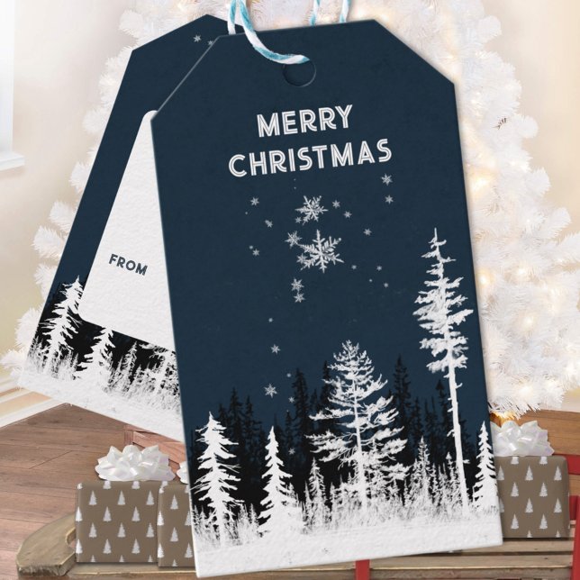 Snowy White Forest Night Frohe Weihnachten Geschenkanhänger (Snowy White Forest Night Merry Christmas Holiday Gift Wrapping Name Tag
)
