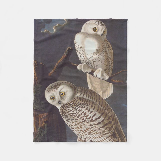 Snowy White Owls auf einer dunklen wolkigen Nacht  Fleecedecke (Vorderseite)