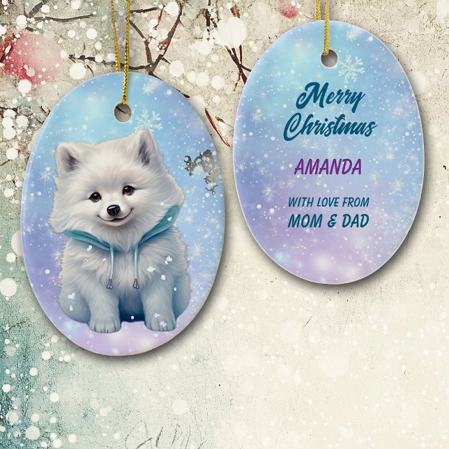 Snowy White Puppy Kids Weihnachten Keramik Ornament (Von Creator hochgeladen)