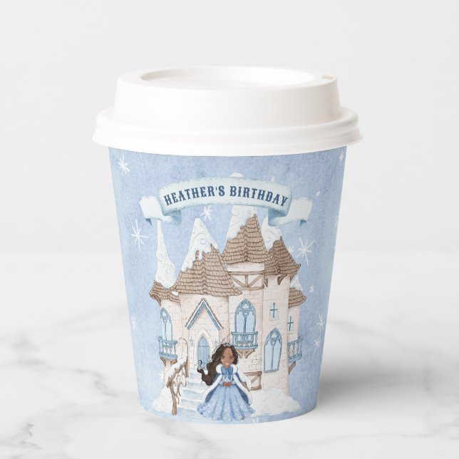 Snowy Winter African American Princess Birthday Pappbecher (Vorderseite)