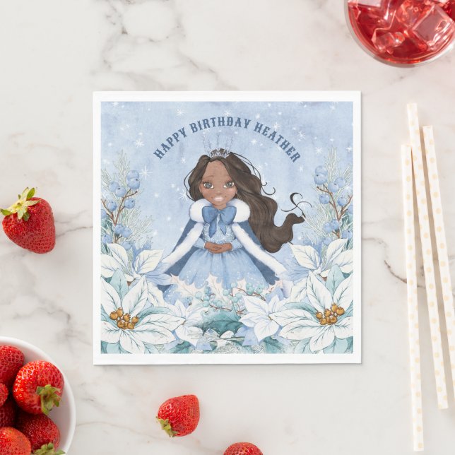 Snowy Winter African American Princess Birthday Serviette (Beispiel)