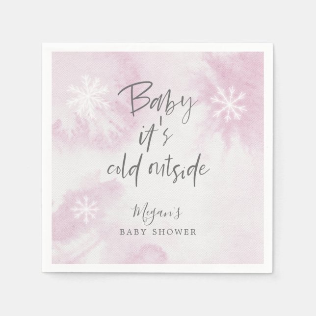 Snowy Winter Baby Dusche Pink Wasserfarbe Serviette (Vorderseite)