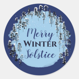 Snowy Winter Blue Forest Merry Solstice Urlaub Runder Aufkleber