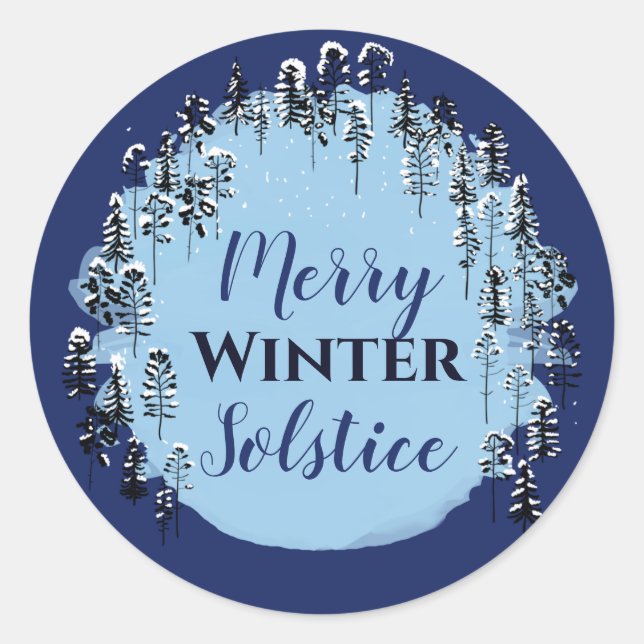 Snowy Winter Blue Forest Merry Solstice Urlaub Runder Aufkleber (Vorderseite)
