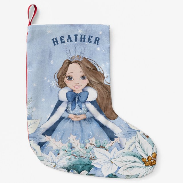 Snowy Winter Brünett Princess Kleiner Weihnachtsstrumpf (Vorderseite)