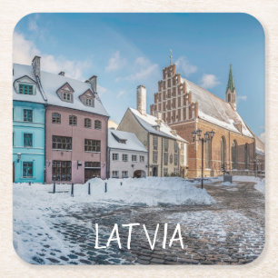 Snowy winter city centre in Riga, Lettland Rechteckiger Pappuntersetzer