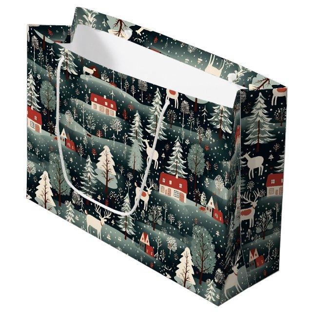 Snowy Winter Farmhouse  Große Geschenktüte (Vorderseite Schrägansicht)