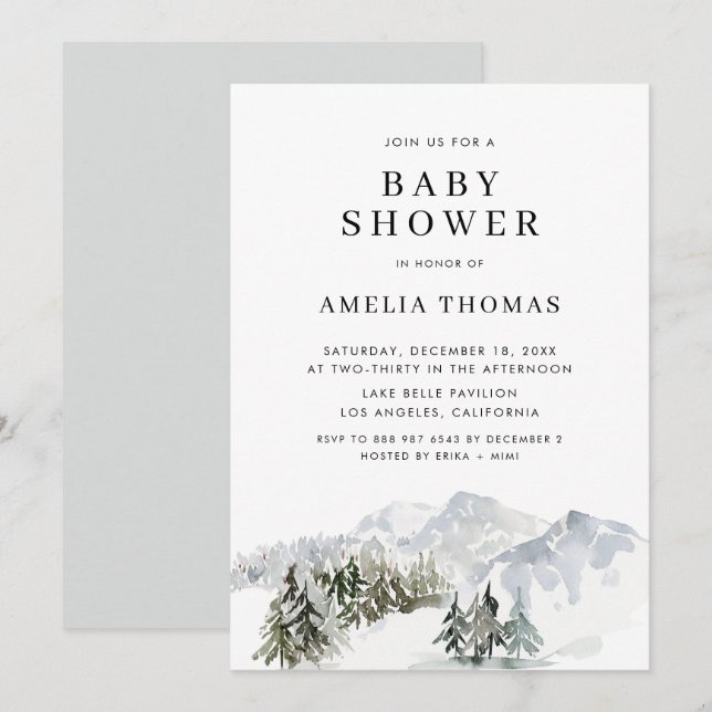Snowy Winter Forest Woodland Babydusche Einladung (Vorne/Hinten)