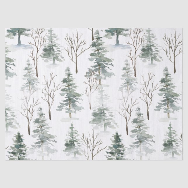 Snowy Winter Green Trees Weihnachtsmuster Seidenpapier (Vorderseite)