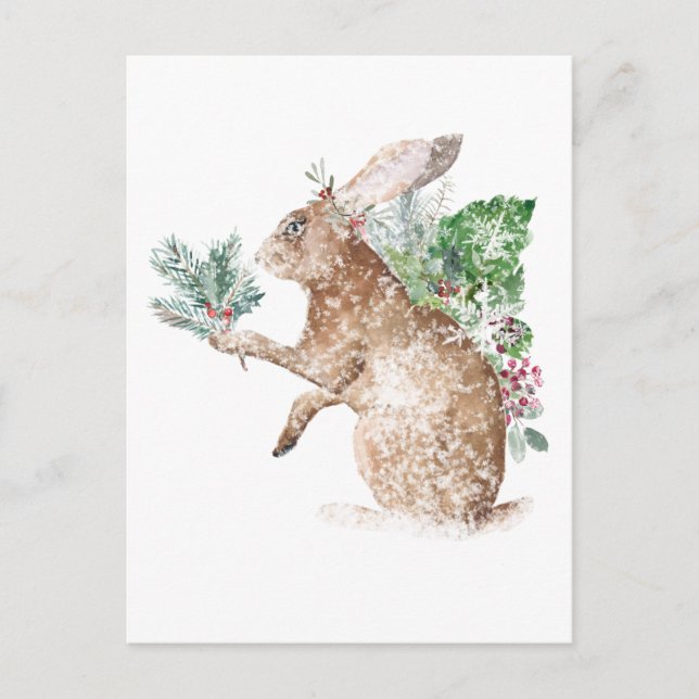Snowy Winter Hare Gifting Posy of Spruce & Holly Postkarte (Vorderseite)