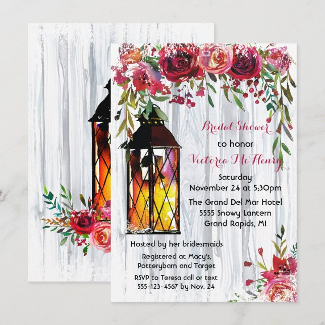 Snowy Winter Lantern Floral Brautparty Einladung (Vorne/Hinten)