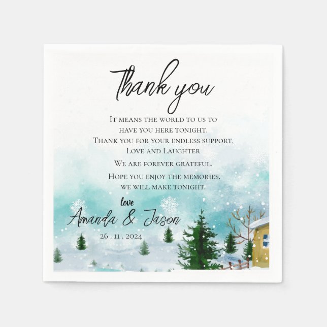 Snowy Winter Morning Wedding Danke Nachricht Serviette (Vorderseite)