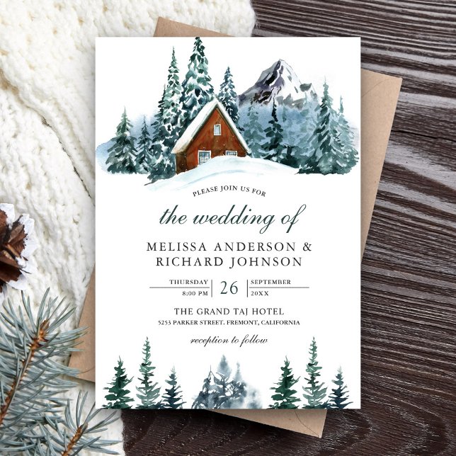 Snowy Winter Mountain Forest Cabin Lodge Hochzeit Einladung (Von Creator hochgeladen)