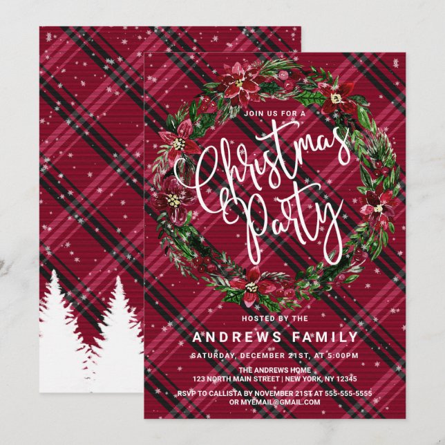 Snowy Winter Red Floral Wreath Flanell Weihnachten Einladung (Vorne/Hinten)