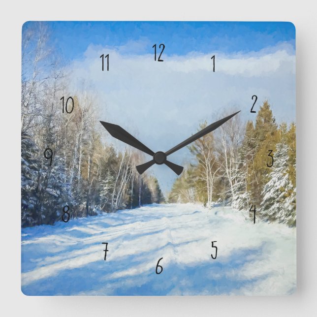 Snowy Winter Road Szene Quadratische Wanduhr (Vorderseite)