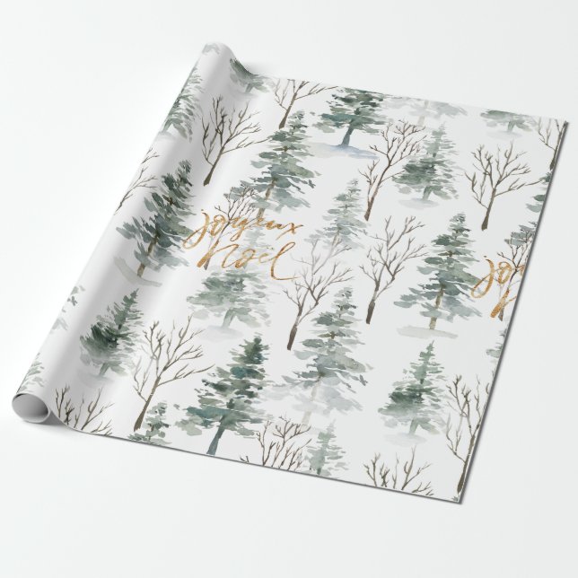 Snowy Winter Trees Muster Gold Typografie Geschenkpapier (Ungerollt)