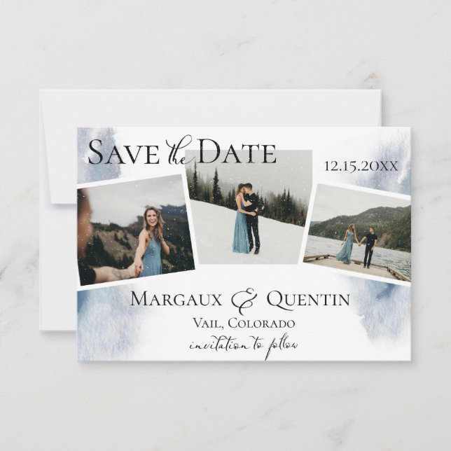 Snowy Winter Watercolor Wash Foto Save the Date Ankündigung (Vorderseite)