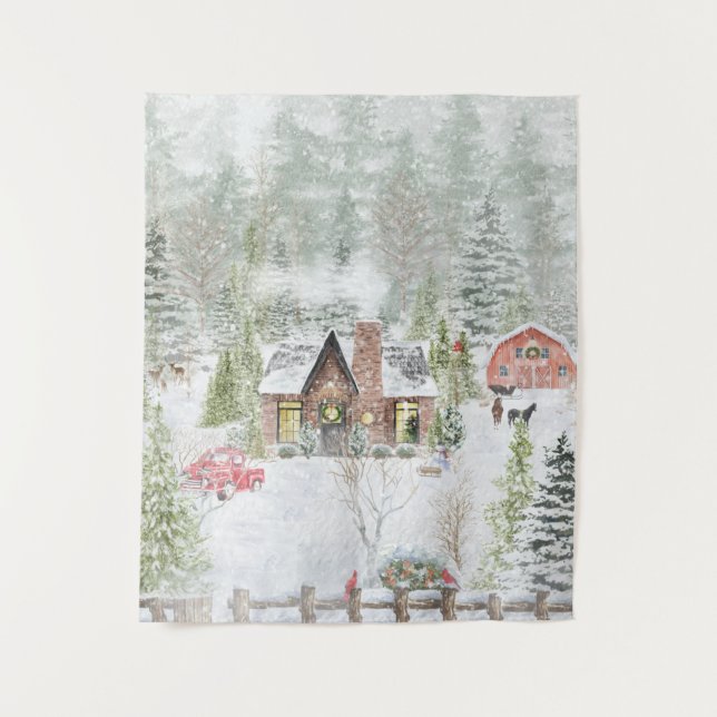 Snowy Winter Weihnachtslandschaft Szene Wandteppich (Vorderseite)