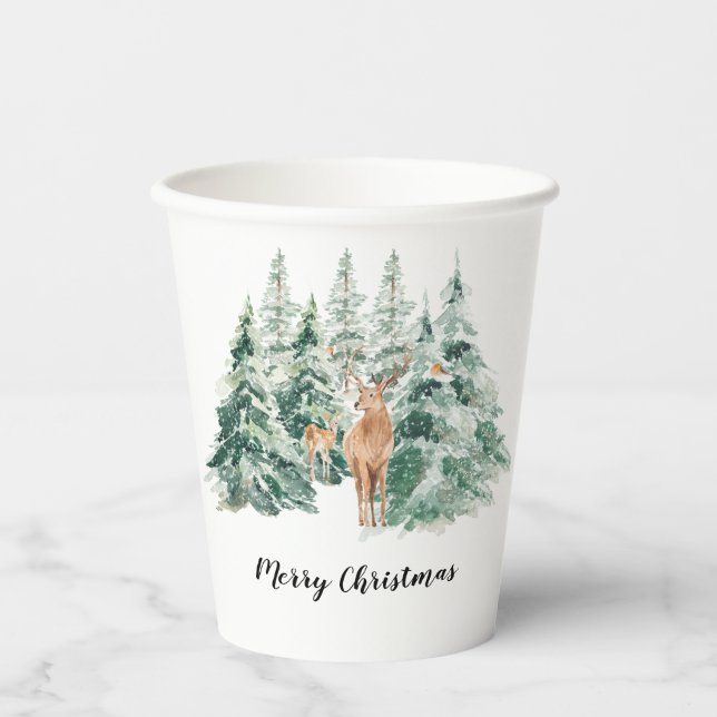 Snowy Winter Woodland Deer Frohe Weihnachten Pappbecher (Vorderseite)