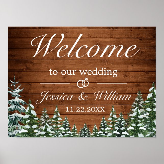 Snowy Wood & Forest Country Hochzeit Begrüßungszei Poster (Vorne)