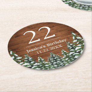 Snowy Wood & Forest Country Pine Geburtstag Runder Pappuntersetzer