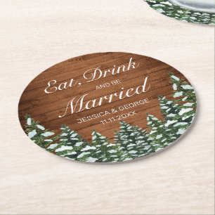 Snowy Wood & Forest Eat Drink Verheiratete Hochzei Runder Pappuntersetzer