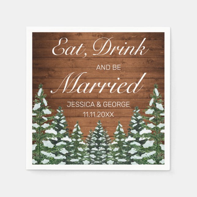 Snowy Wood & Forest Eat Drink Verheiratete Hochzei Serviette (Vorderseite)