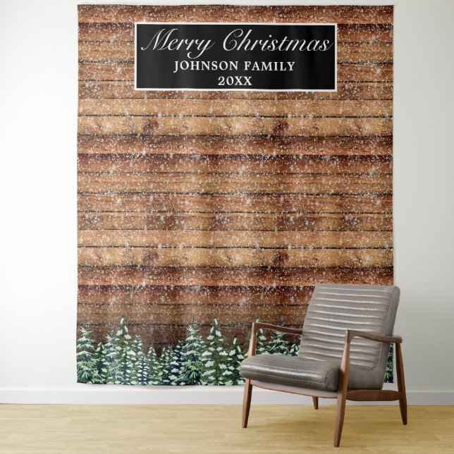 Snowy Wood Forest Frohe Weihnachts-Foto Hintergrun Wandteppich (Beispiel)