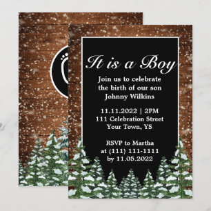 Snowy Wood Forest Pine Baby Boy Birth Celebration Einladung