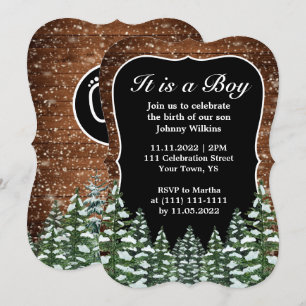 Snowy Wood Forest Pine Baby Boy Birth Celebration Einladung