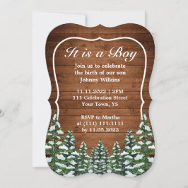 Snowy Wood Forest Pine Baby Boy Birth Celebration Einladung