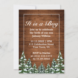Snowy Wood Forest Pine Baby Boy Birth Celebration Einladung