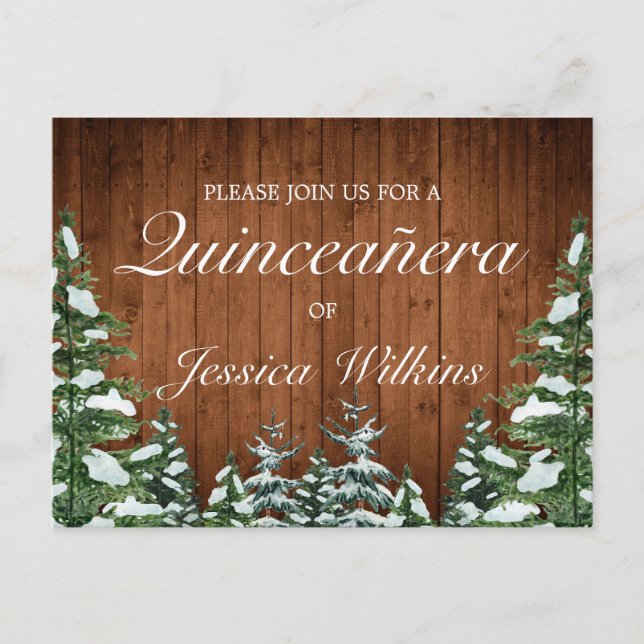 Snowy Wood Forest Quinceañera Einladung Postkarte (Vorderseite)