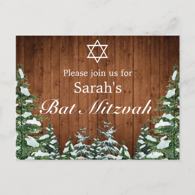 Snowy Wood & Forest Rural Pine Bar Bat Mitzvah Ankündigungspostkarte (Vorderseite)