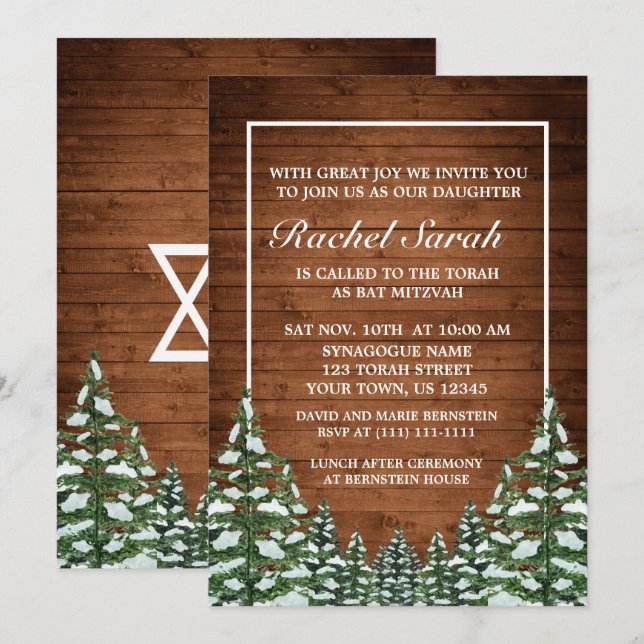 Snowy Wood & Forest Rural Pine Bar Bat Mitzvah Einladung (Vorne/Hinten)