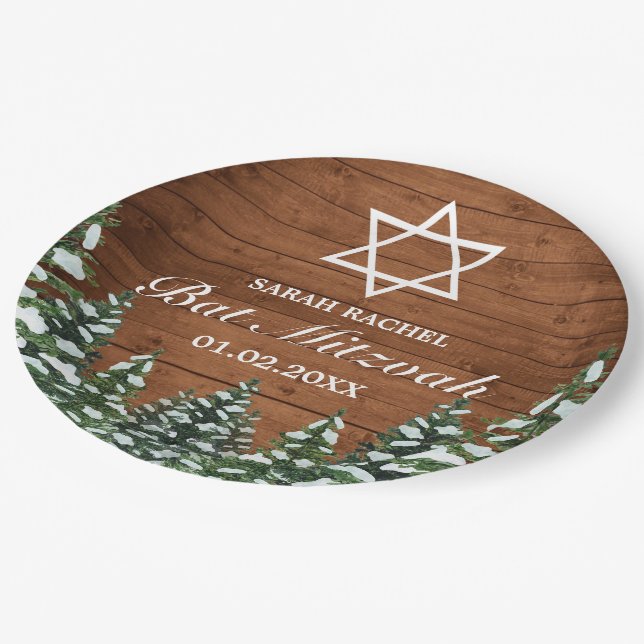 Snowy Wood & Forest Rural Pine Bar Bat Mitzvah Pappteller (Schrägansicht)