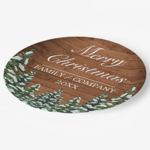 Snowy Wood & Forest Rural Pine Frohe Weihnachten Pappteller